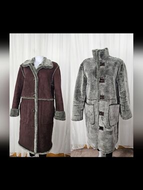 Jones New York Plush Faux-Shearling Reversible Brown & Gray Coat Medium